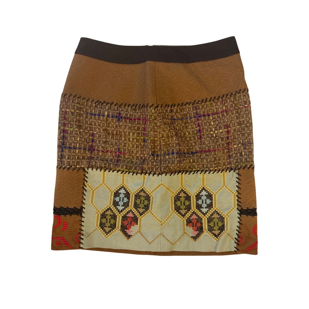 Anthropologie Tabitha Nazca Patchwork Embroidered Pencil Skirt Brown Large‎